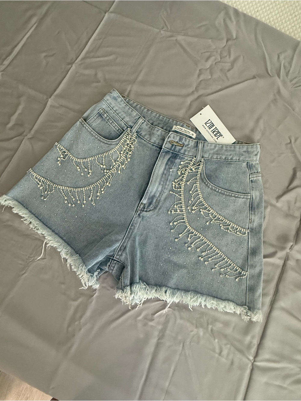 12th Tribe Light Blue Rhinestone-Embellished Denim Shorts